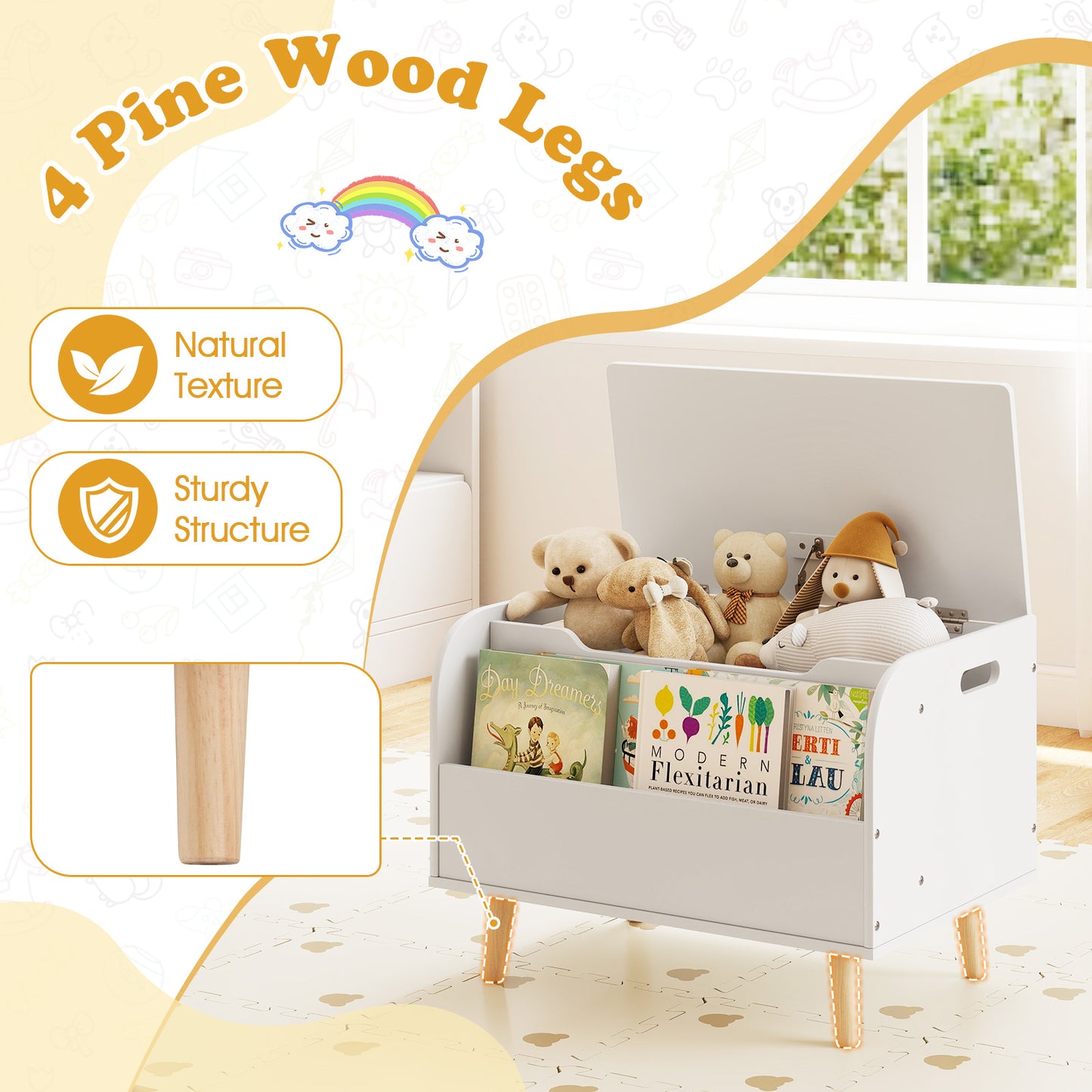 Kids Wooden Toy Box with Front Bookshelf and 4 Solid Wood Legs for Playroom-White