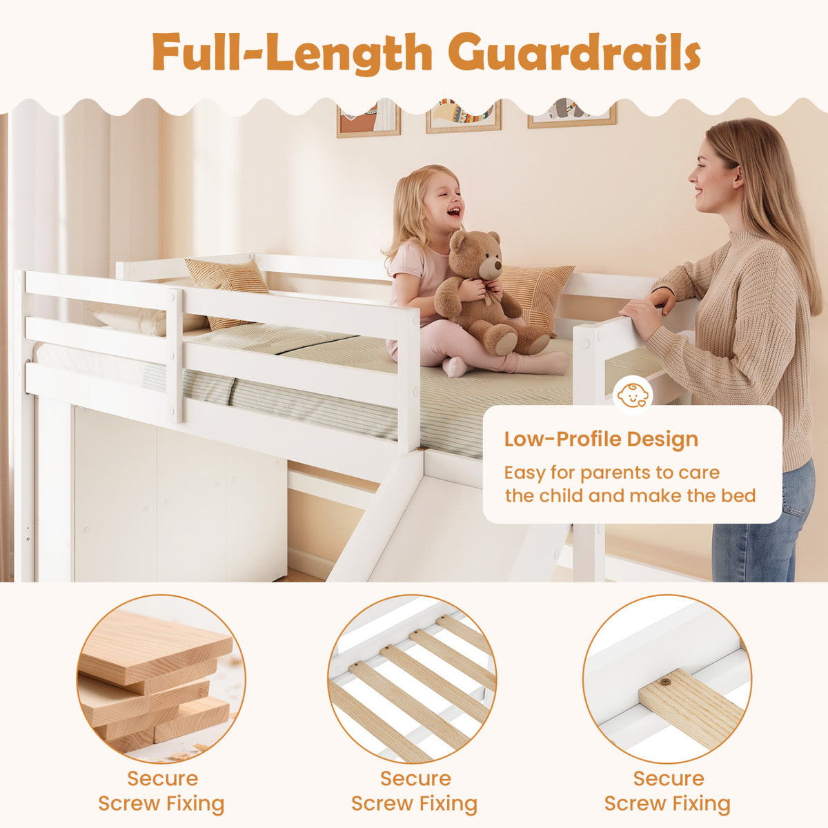 Twin Loft Bed Frame with Slide and Ladder - White
