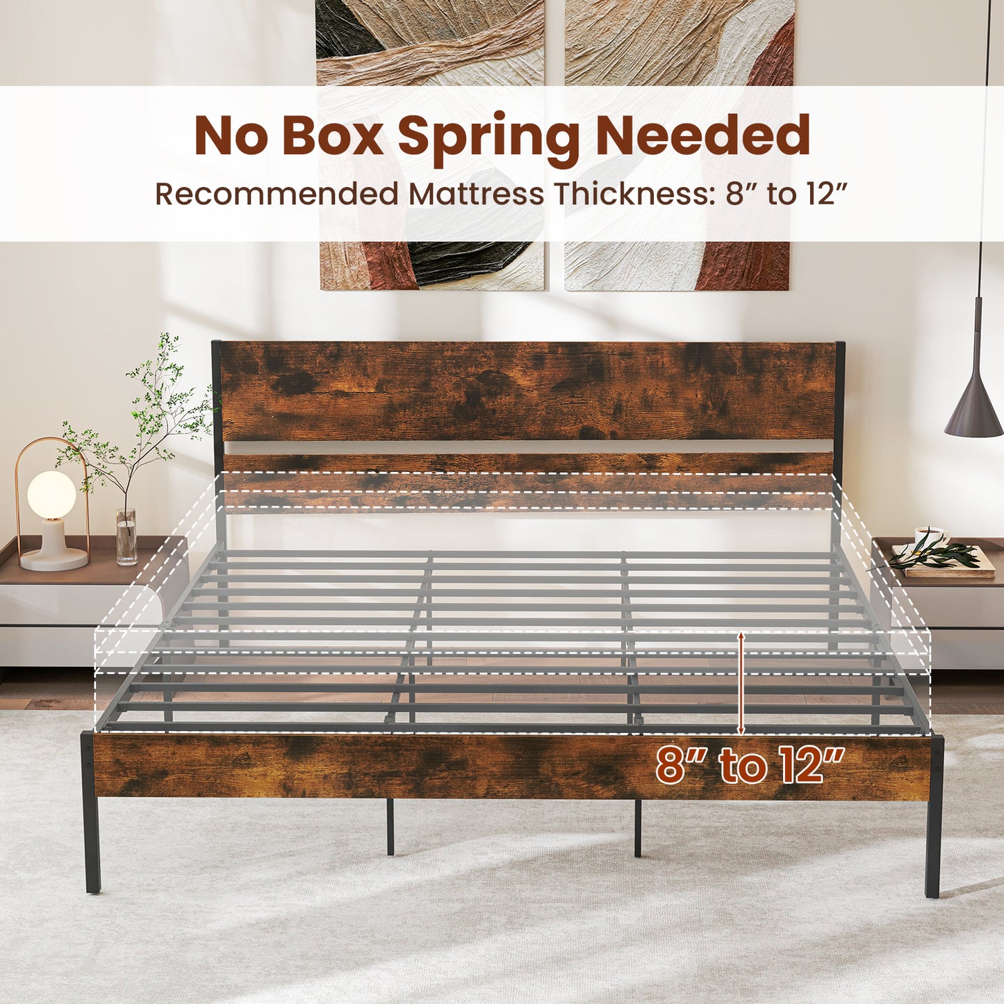 Twin/Full/Queen/King Metal Bed Frame with Wooden Headboard and Footboard-King Size