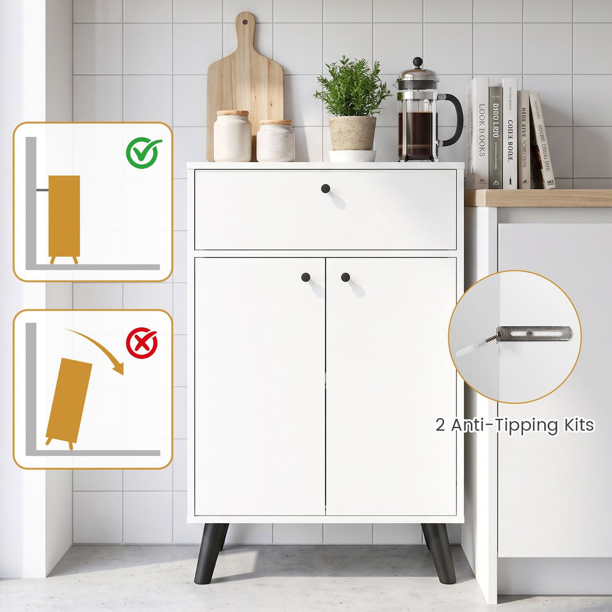 Kitchen Buffet Cabinet with 1 Drawer 2 Doors and Adjustable Shelf-White