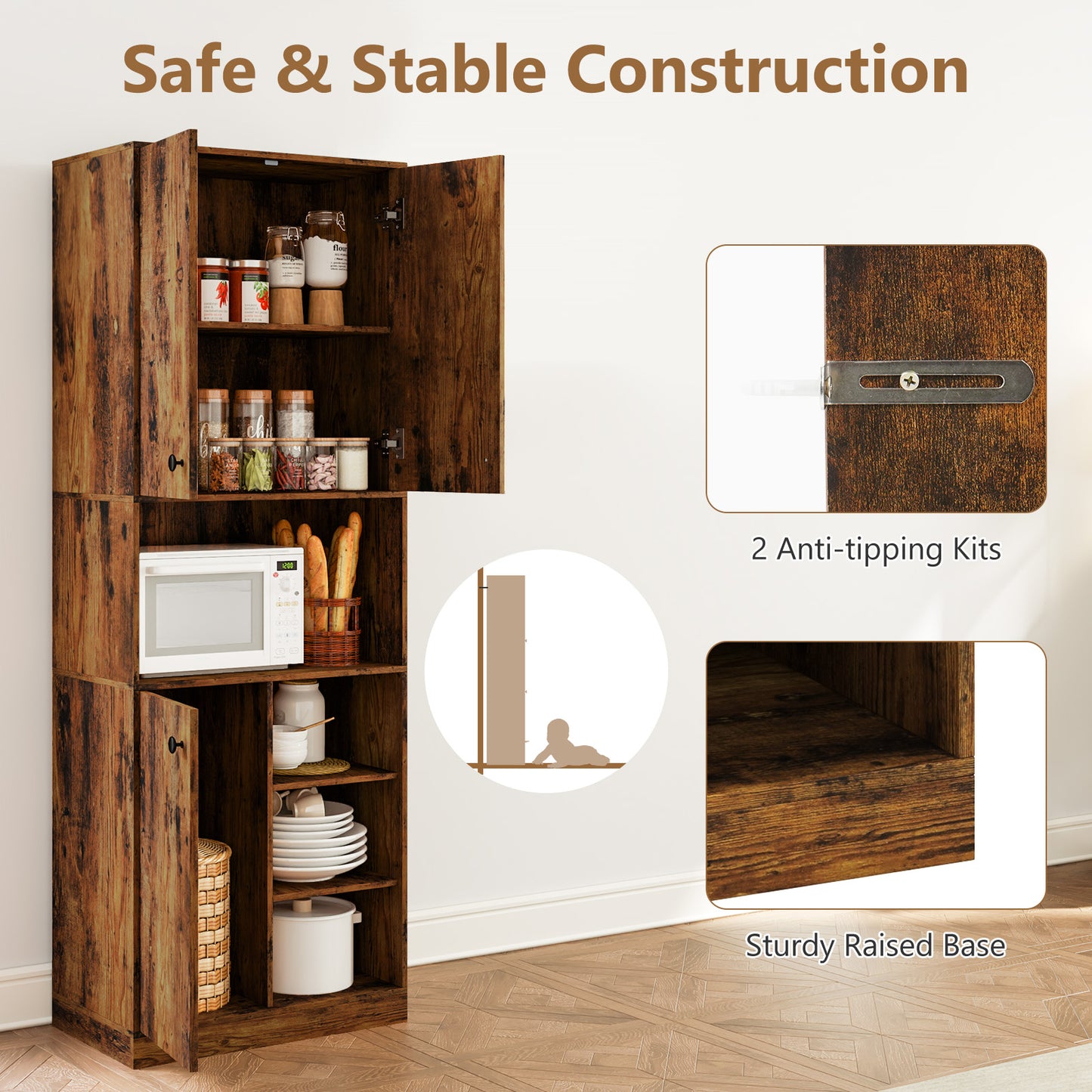 Kitchen Pantry Storage Cabinet with Microwave Stand and Open Shelves-Rustic Brown