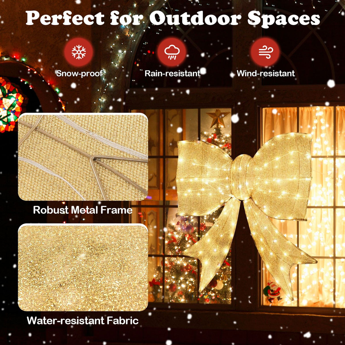 Lighted Christmas Bow Decoration with Warm White LED Lights-Golden