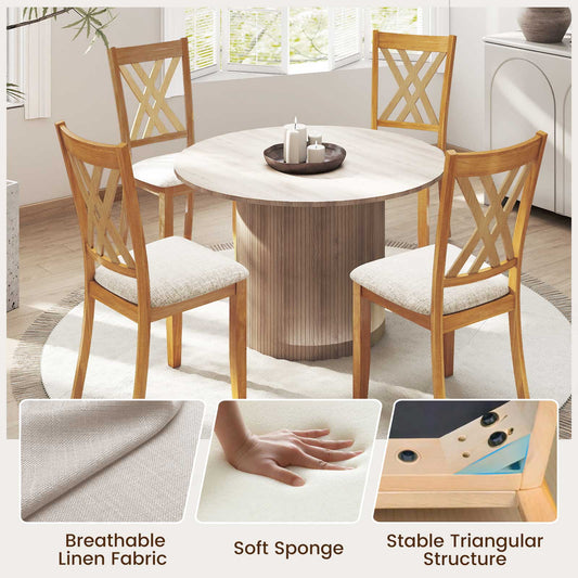 Linen Fabric Upholstered Wooden Dining Chair Set of 4 with Rubber Wood Frame for Dining Room-Natural