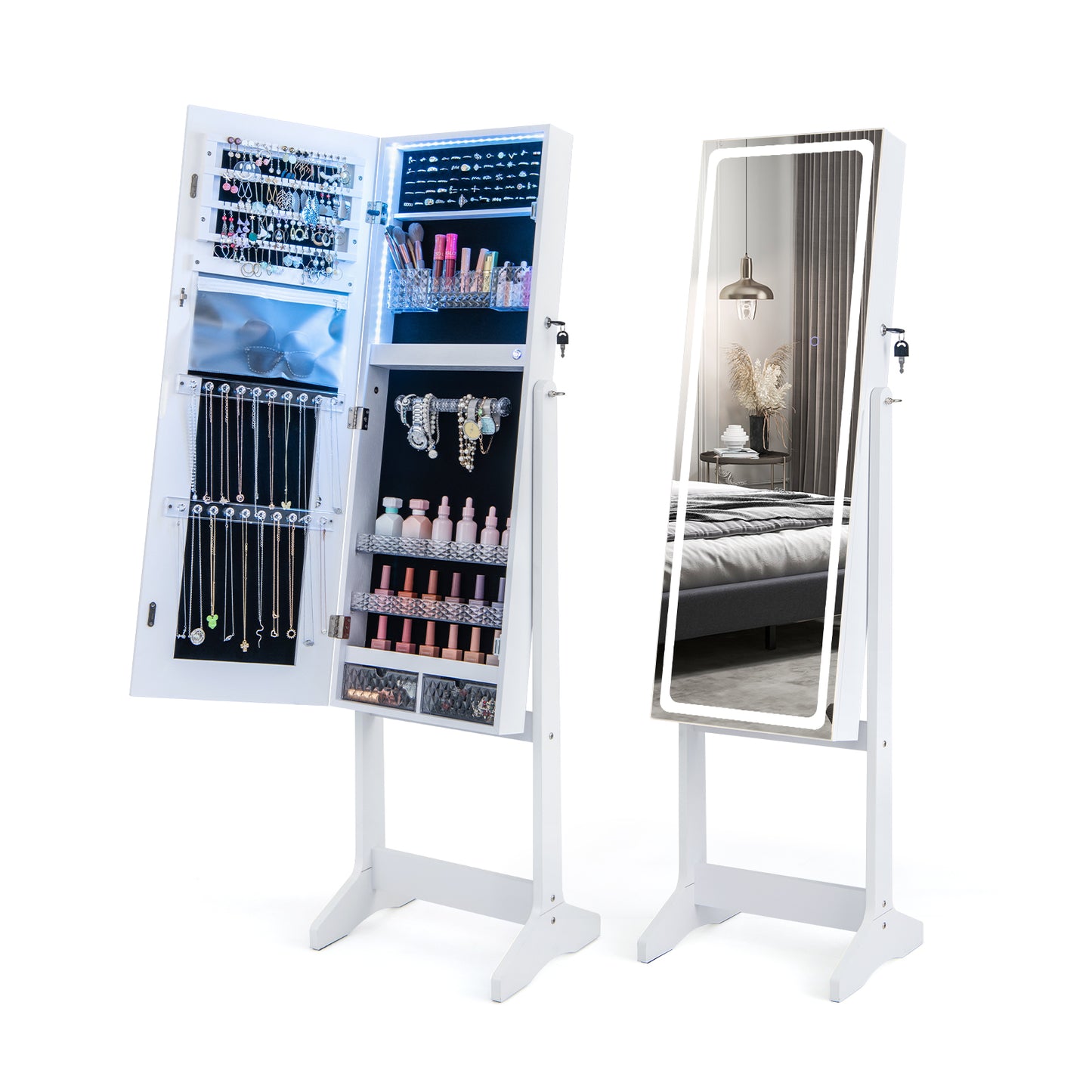 Lockable Jewelry Armoire Standing Cabinet with Lighted Full-Length Mirror-White - White
