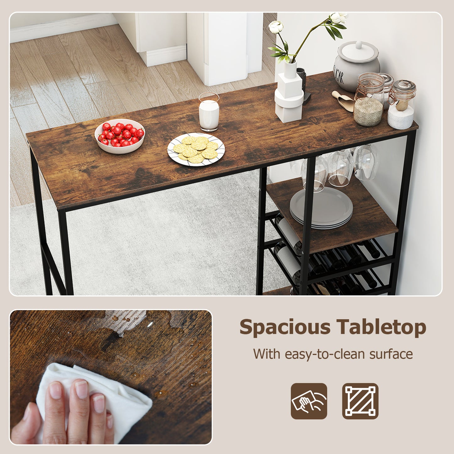 Long Bar Table Bar Height Dining Table with Storage Shelves-Rustic Brown