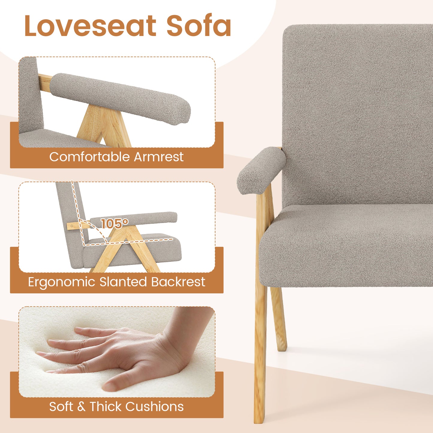 Loveseat Sofa with Armrests and Wooden Legs-Gray