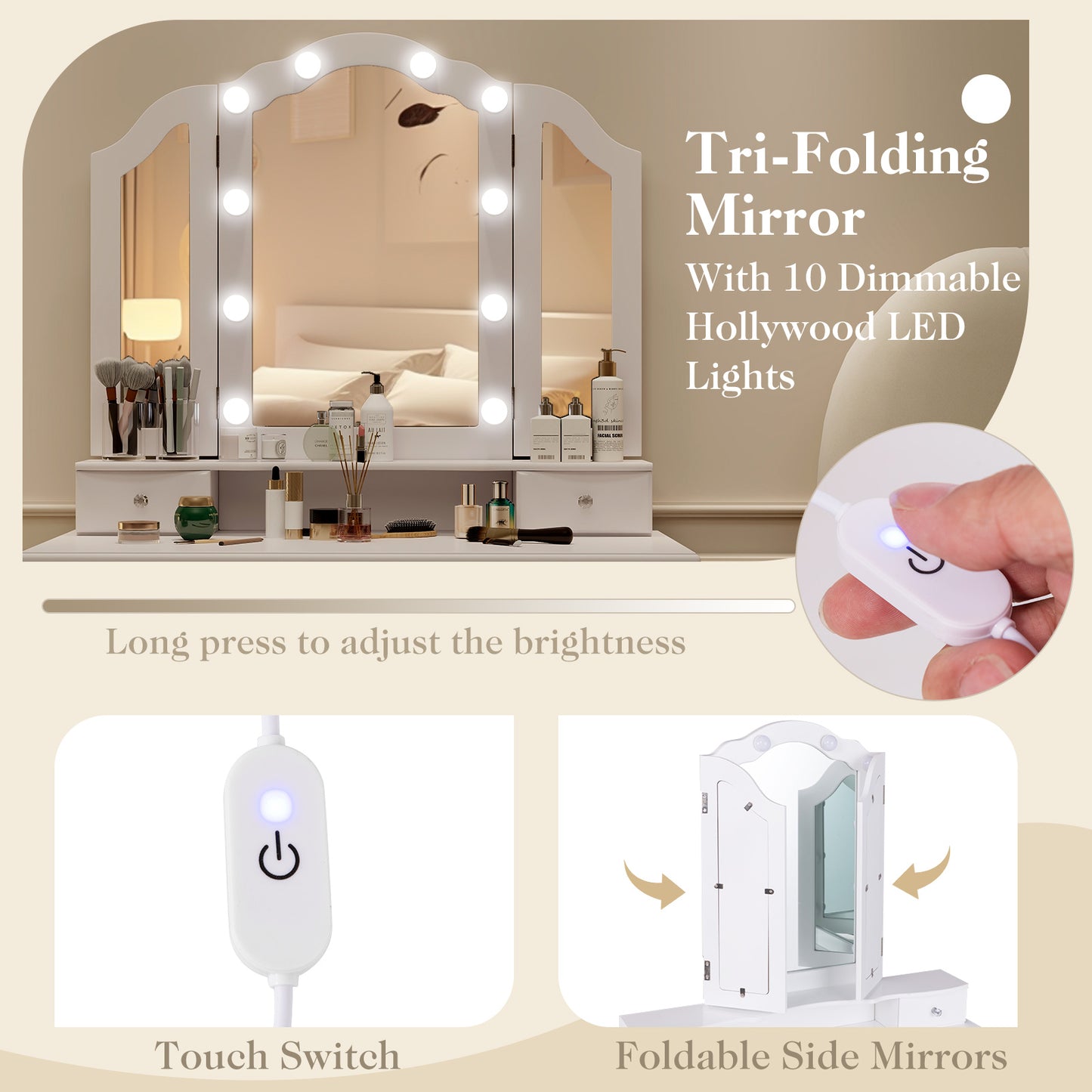 Makeup Vanity Table Set with Lighted Mirror and Drawers-White