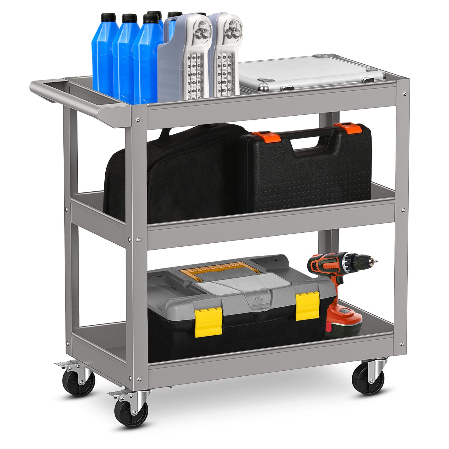 3-Tier Metal Utility Cart Trolley Tool with Flat Handle and 2 Lockable Universal Wheels-Black - Gray