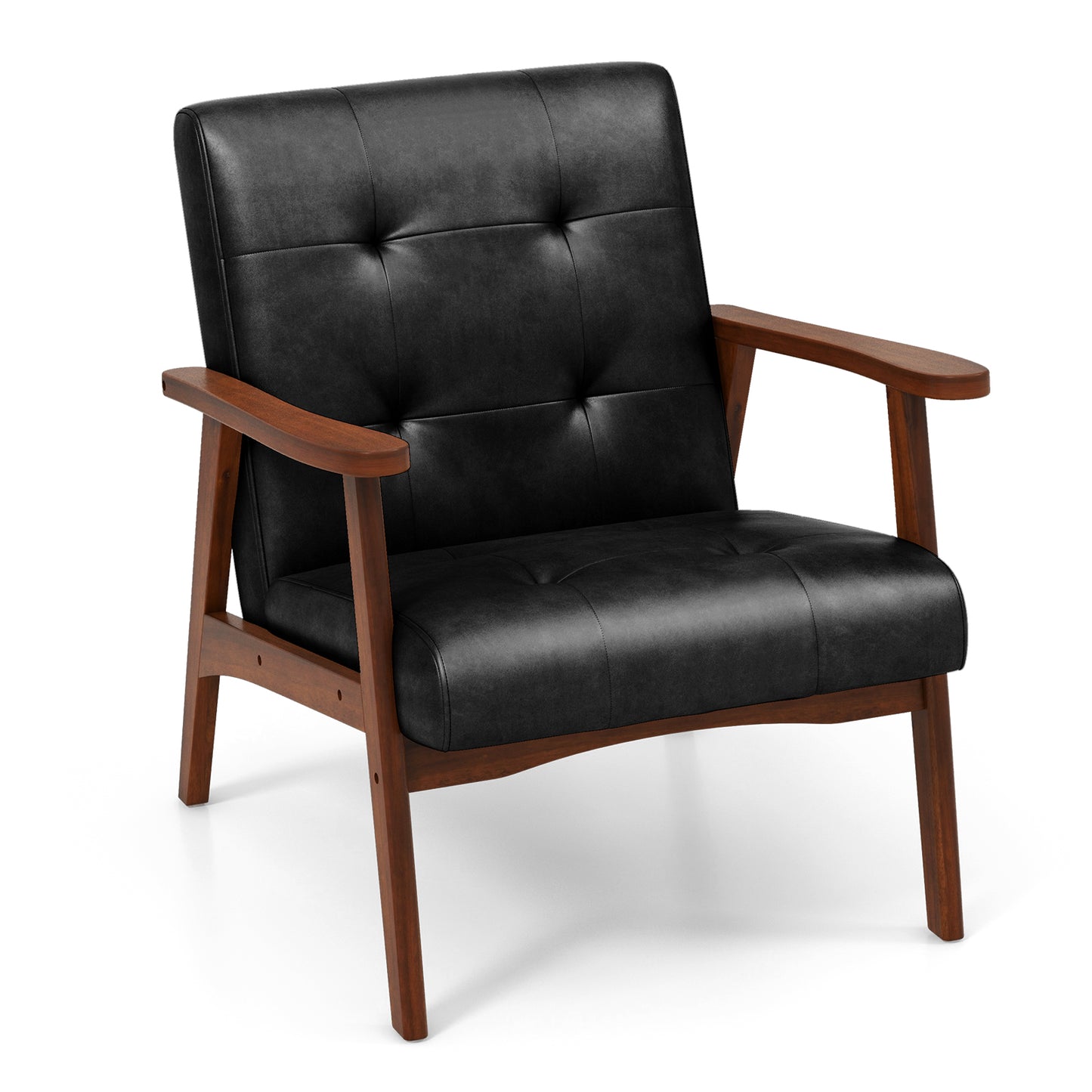 Mid Century Accent Chair with Solid Rubber Wood Frame and Leather Cover-Black - Black
