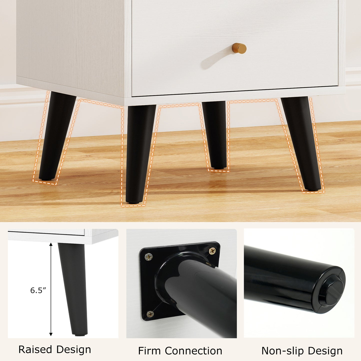 Mid Century Modern Bedside Table Nightstand with Golden Knobs and Raised Support Legs-White
