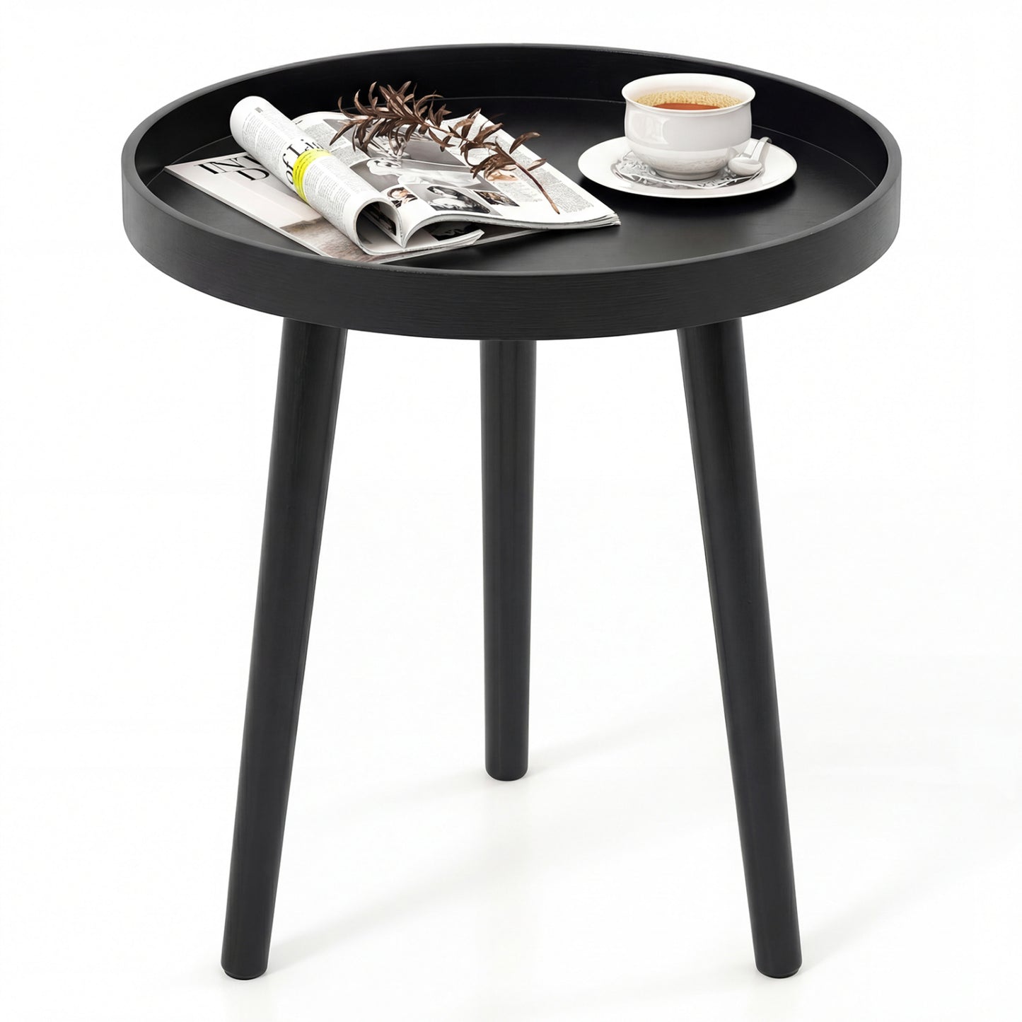 Mid Century Modern Round Side Sofa Coffee Table with Wooden Tray-Black - Black