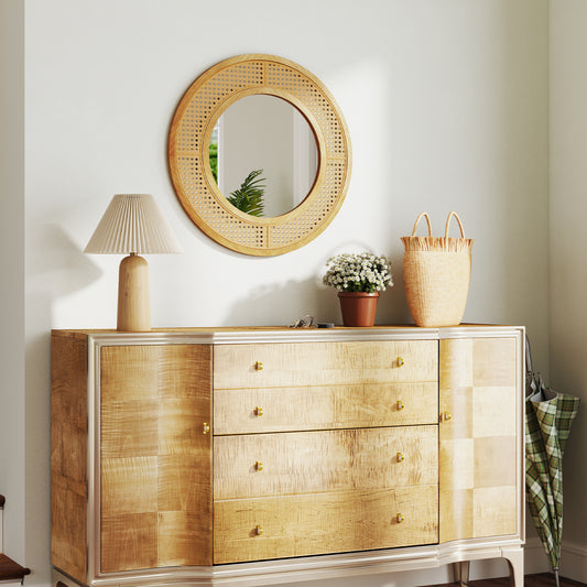 25.5 Inch Bohemian Round Wall Mounted Decorative Mirror with Wooden Frame-Natural