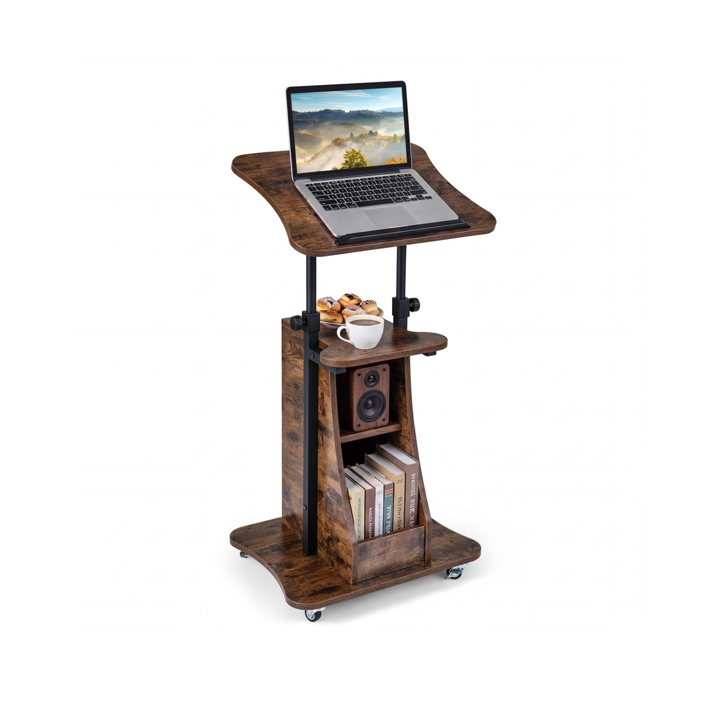 Sit-to-Stand Laptop Desk Cart Height Adjustable with Storage-Black - Rustic Brown