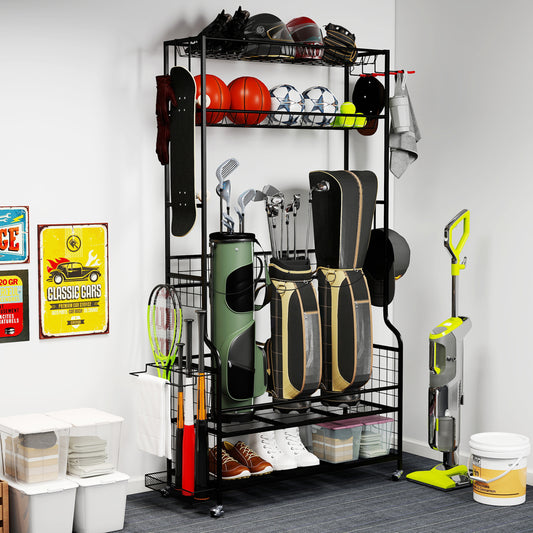 Mobile Sports Equipment Organizer with Golf Bags Storage and Club Rack
