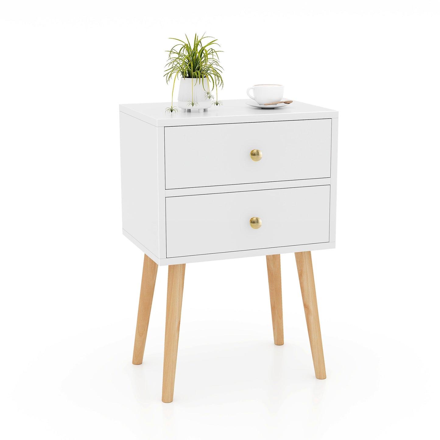 Modern Nightstand Bedside Table Mid Century with 2 Drawers-Natural - White