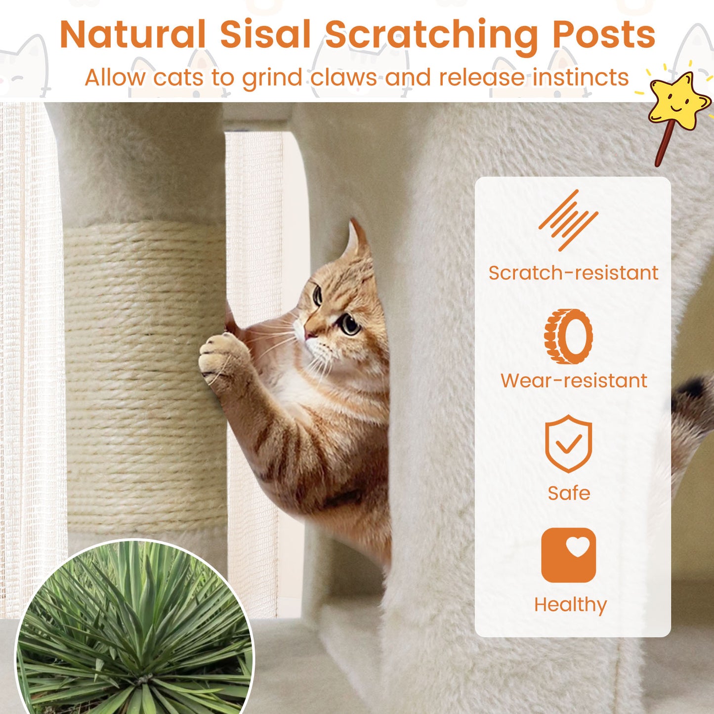 Modern Cat Tree Space-saving Cat Tower with Upholstered Perch and 2 Cat Condos-Beige