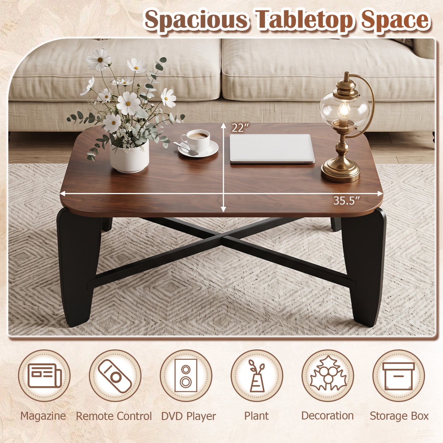 Rectangular Coffee Table with Rubber Wood Cross-Leg Base
