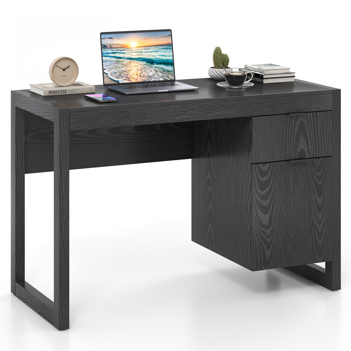 Modern Computer Desk Study Table Writing Workstation with Cabinet and Drawer-White - Black
