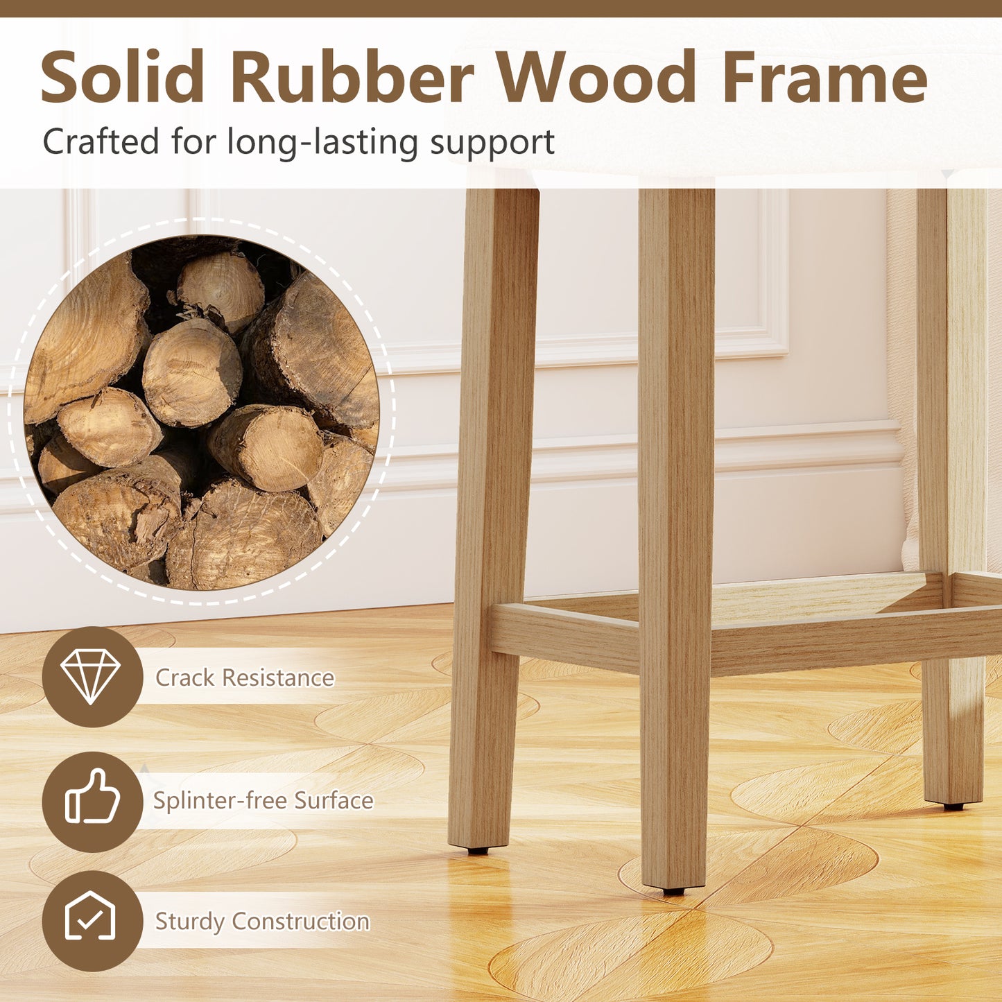 Modern Counter Height Bar Stools Set of 2 with Rubber Wood Legs-Beige and Natural