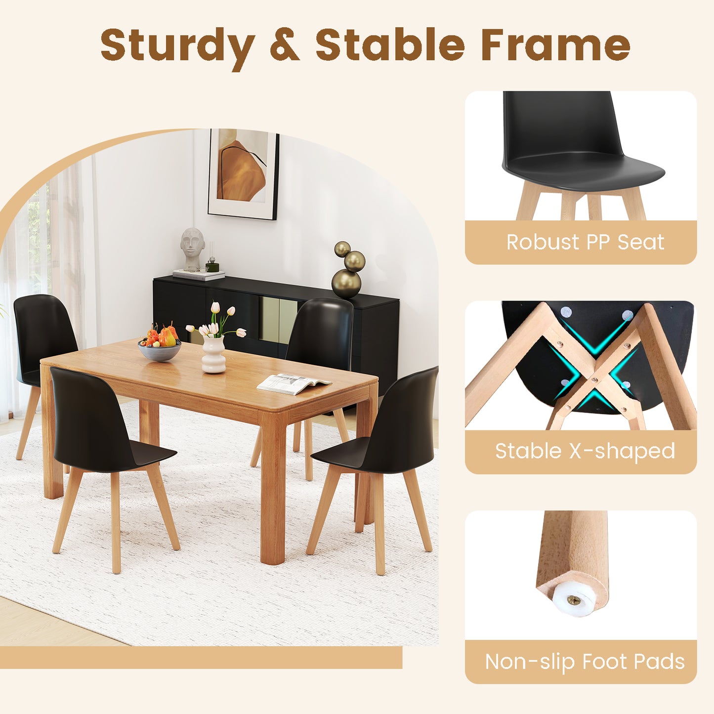 Modern Dining Chair Set of 2 with Solid Beech Wood Legs and Tilt Backrest-Black