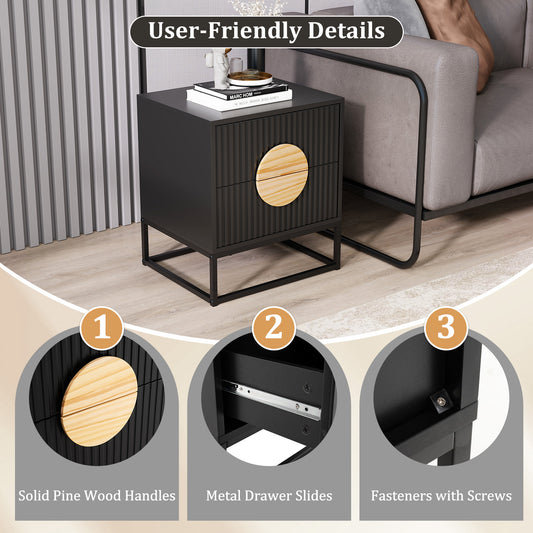 Modern Mid Century Fluted Nightstand with 2 Drawers and Pine Wood Handles for Bedroom-Black