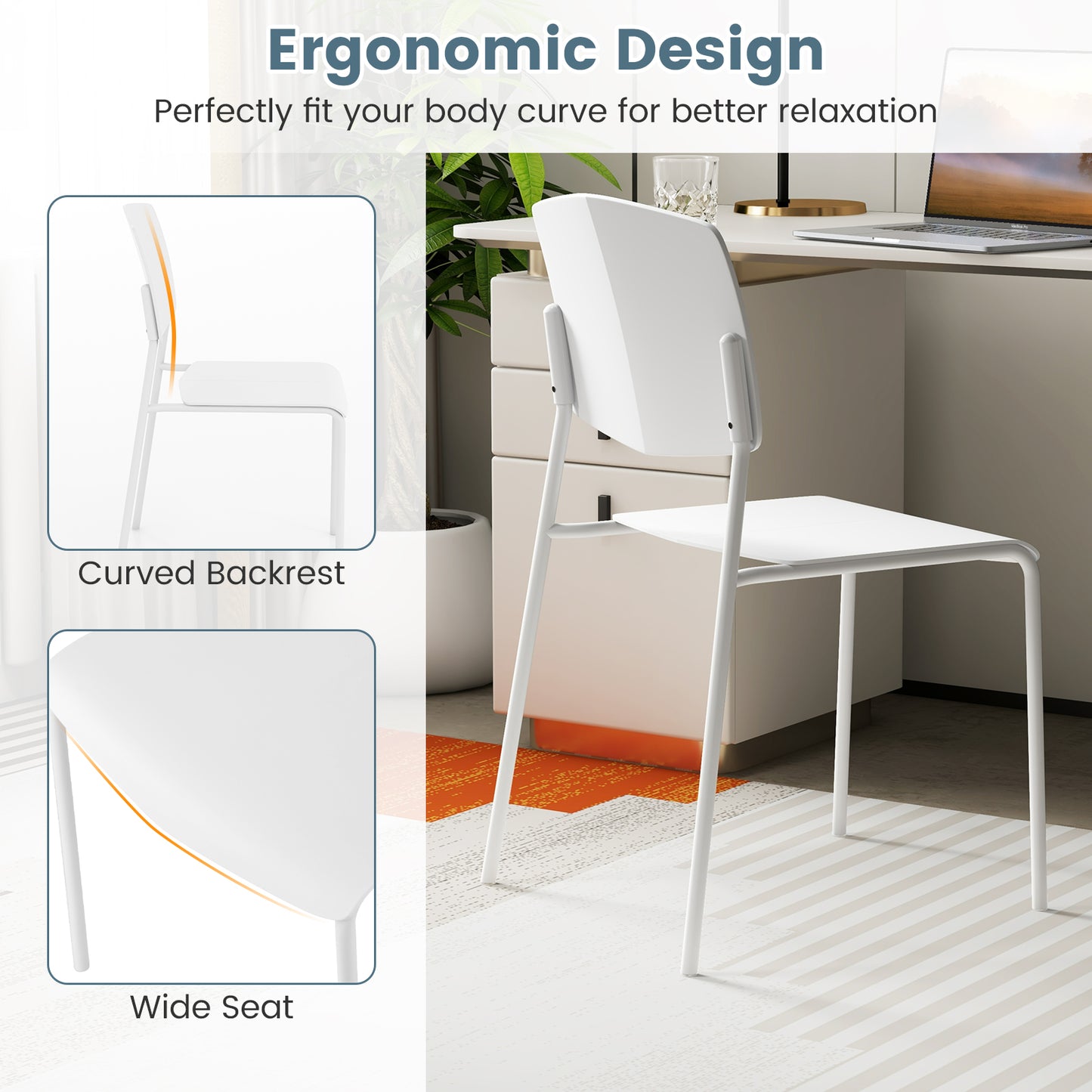 Modern Plastic Dining Chair Set of 2 with Metal Legs and Curved Back-White