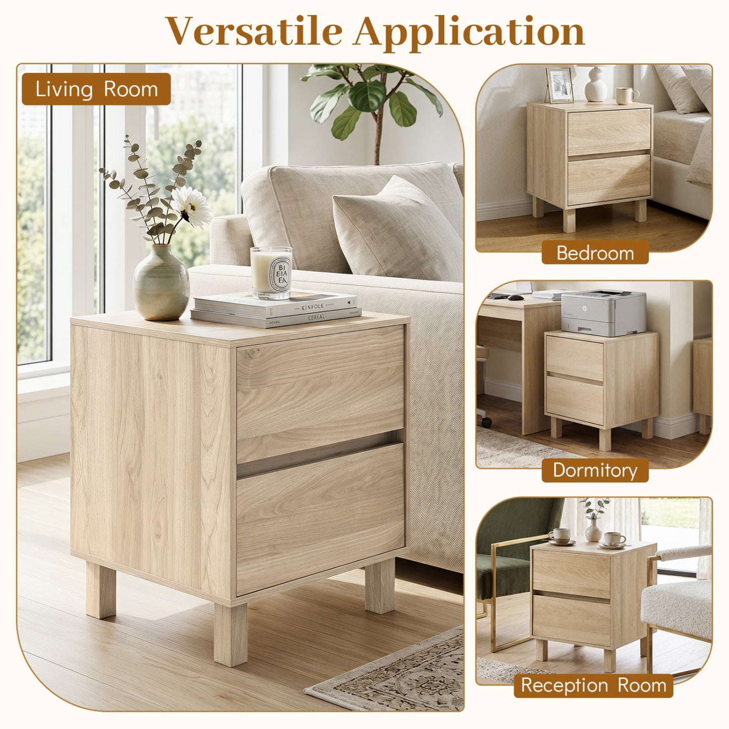 End Table with 2 Storage Drawers - Natural Wood Finish