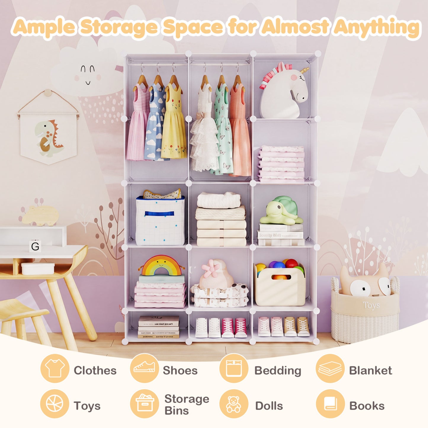 13-Cube Modular Kids Wardrobe with Hanging Rod and Shelves