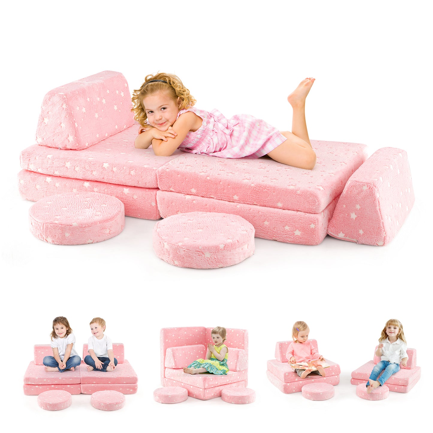 Modular Kids Play Couch Set Glow in the Dark with Portable Handles-Pink - Pink