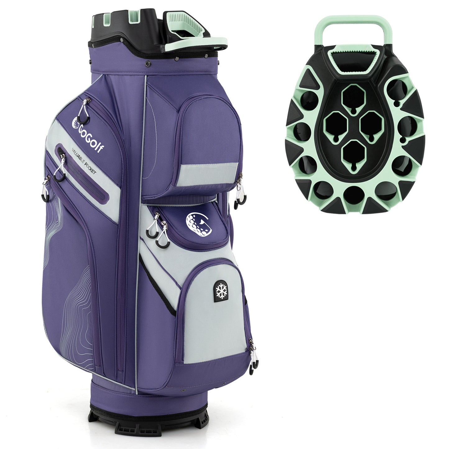 Molded Lock Top Golf Cart Bag with 14-Way Full Length Dividers and 11 Pockets-Orange - Purple