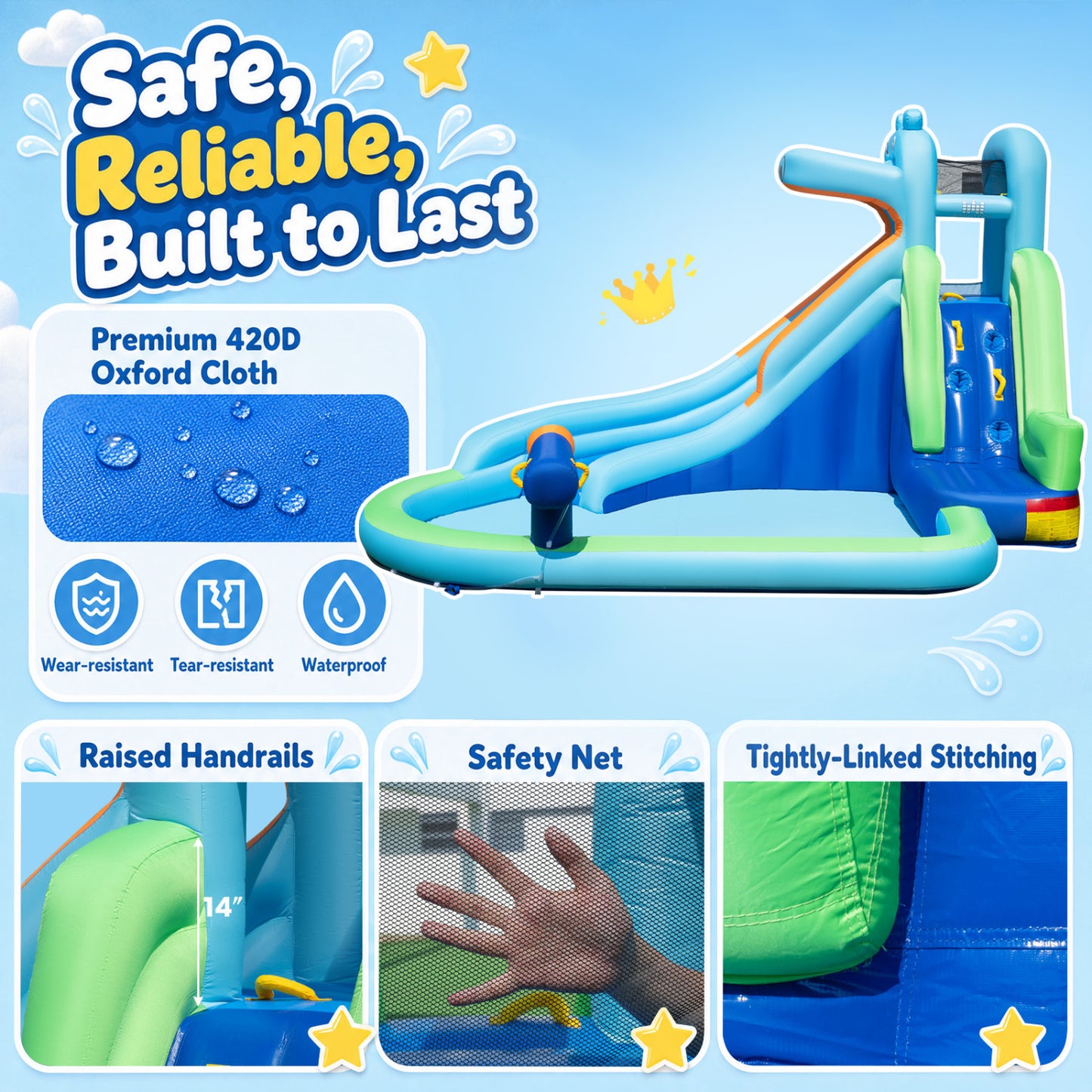 Hippo Inflatable Water Slide with Climbing Wall & 680W Blower