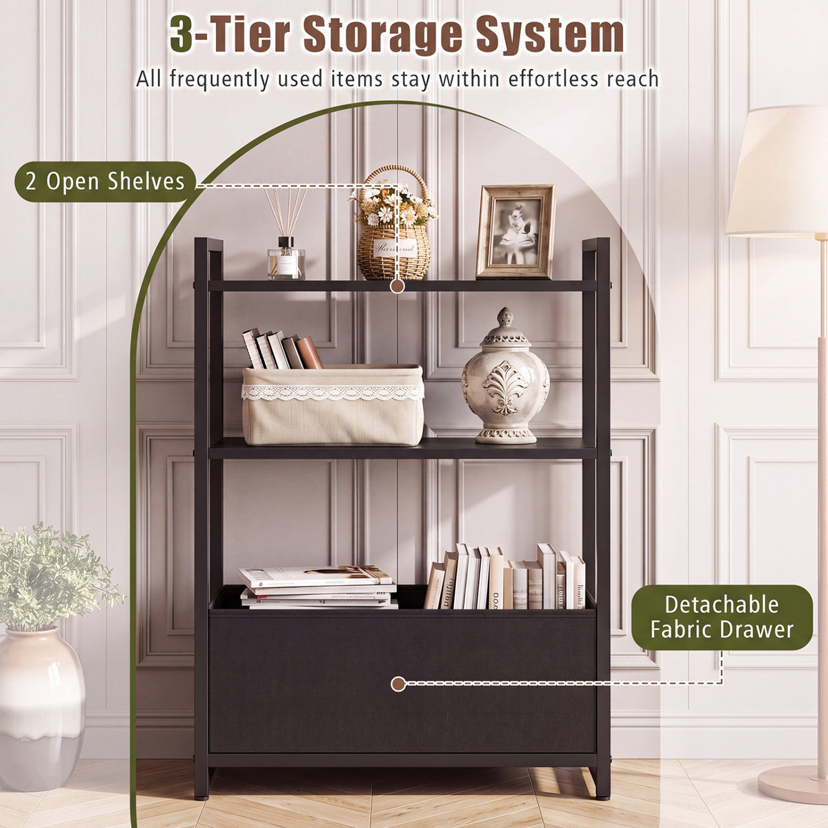 Narrow End Table with Storage Shelves and Metal Frame