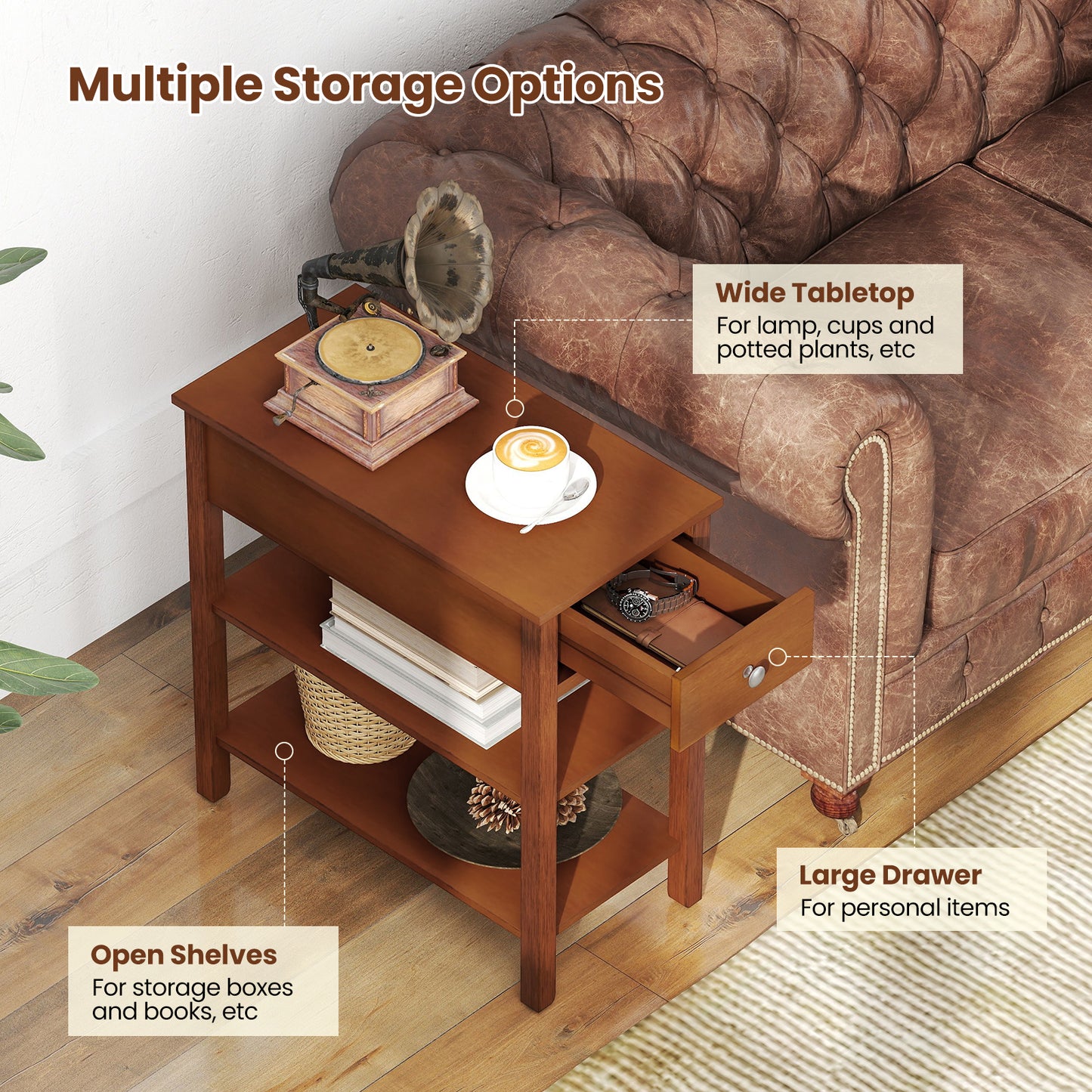 3-Tier Narrow End Table with Drawer and Storage Shelves-Brown