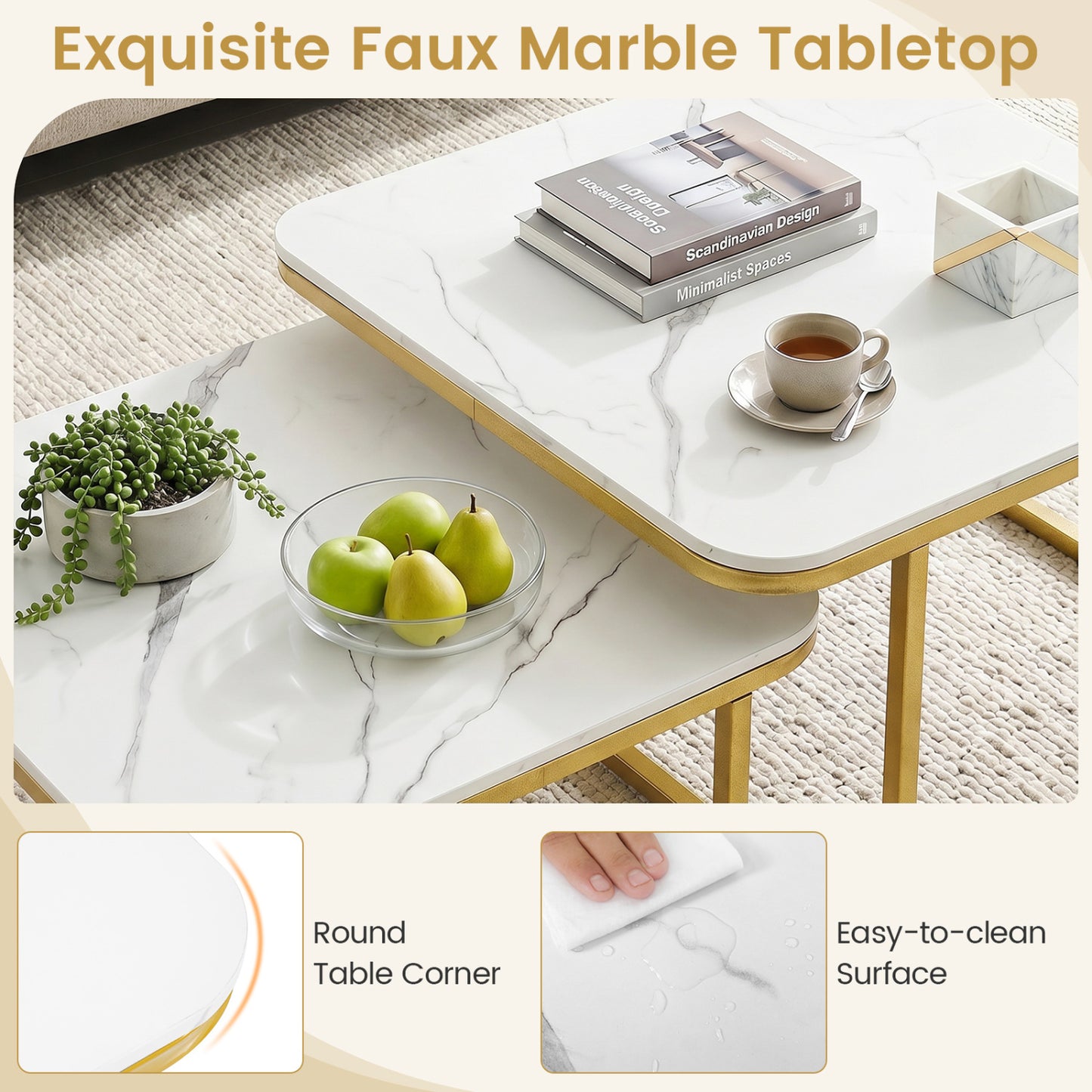 Nesting Coffee Table Set of 2 with Faux Marble Top