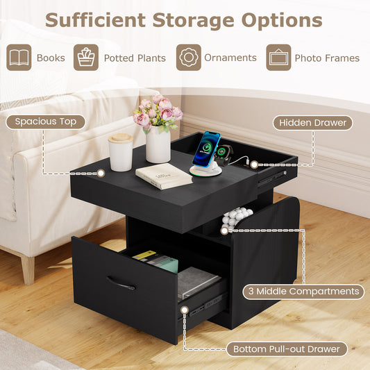 Nightstand with Charging Station Modern Bedside Table for Living Room Bedroom Office-Black