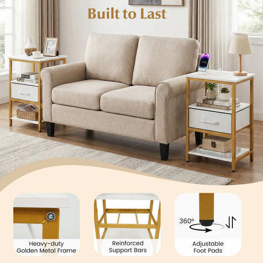 Nightstand with Charging Station and Adjustable Fabric Drawer for Bedroom and Living Room-Set of 2