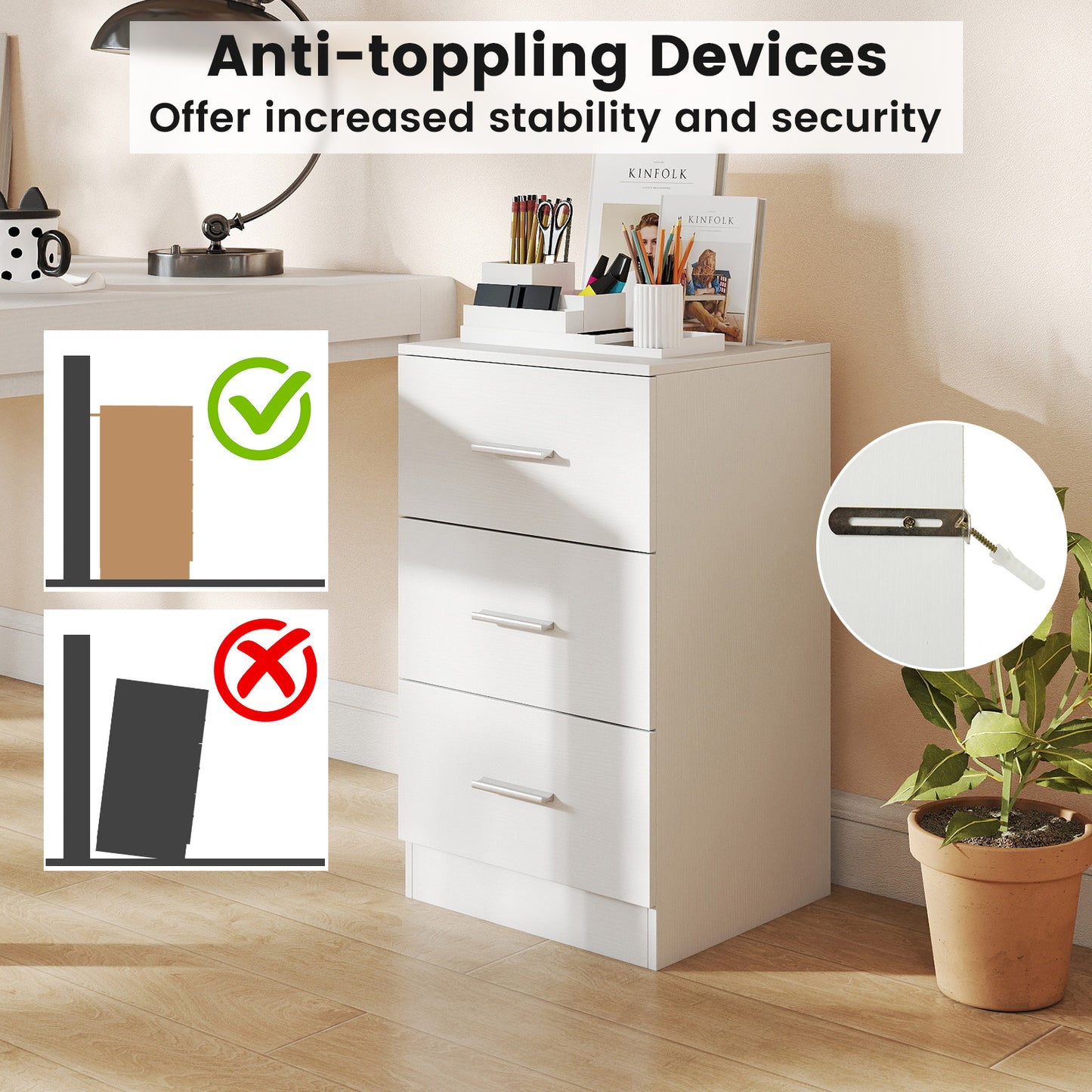 Nightstand with Charging Station End Table with 3 Storage Drawers Bedside Table for Bedroom-White