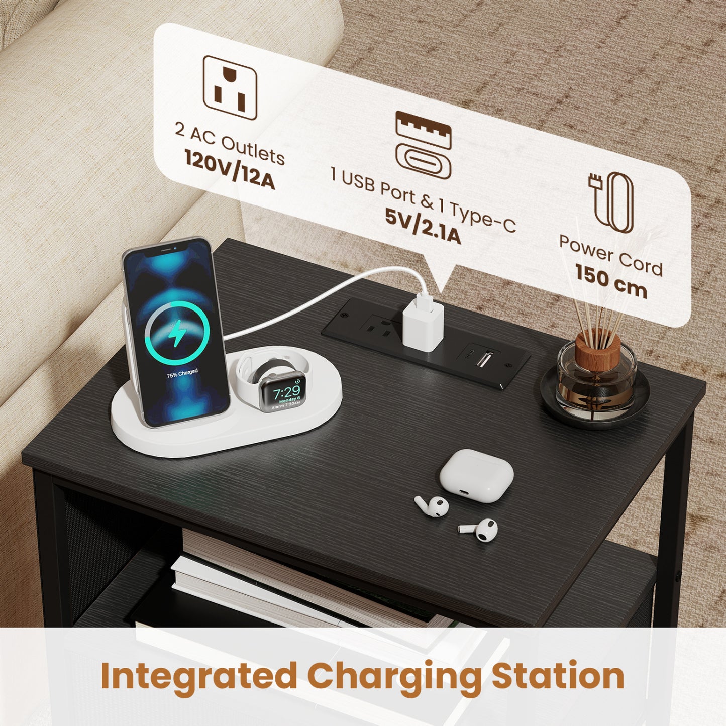 Nightstand with Charging Station and Fabric Drawer 24.5"