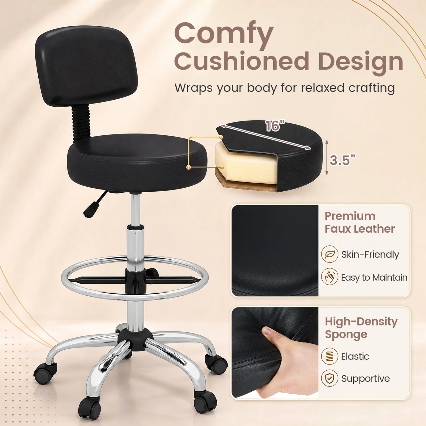 Drafting Chair with Adjustable Height & Footring