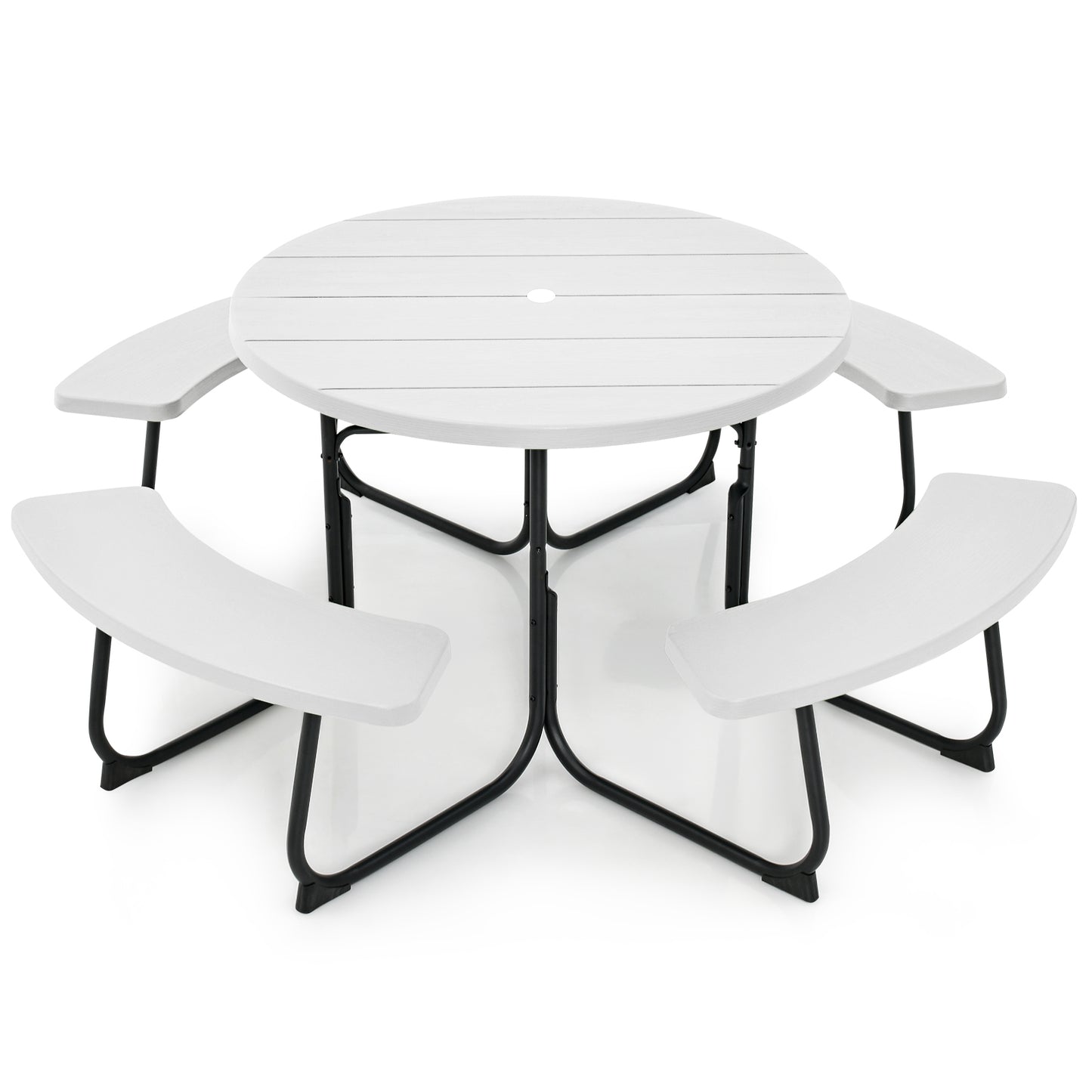8-Person Outdoor Picnic Table and Bench Set with Umbrella Hole-Black - White