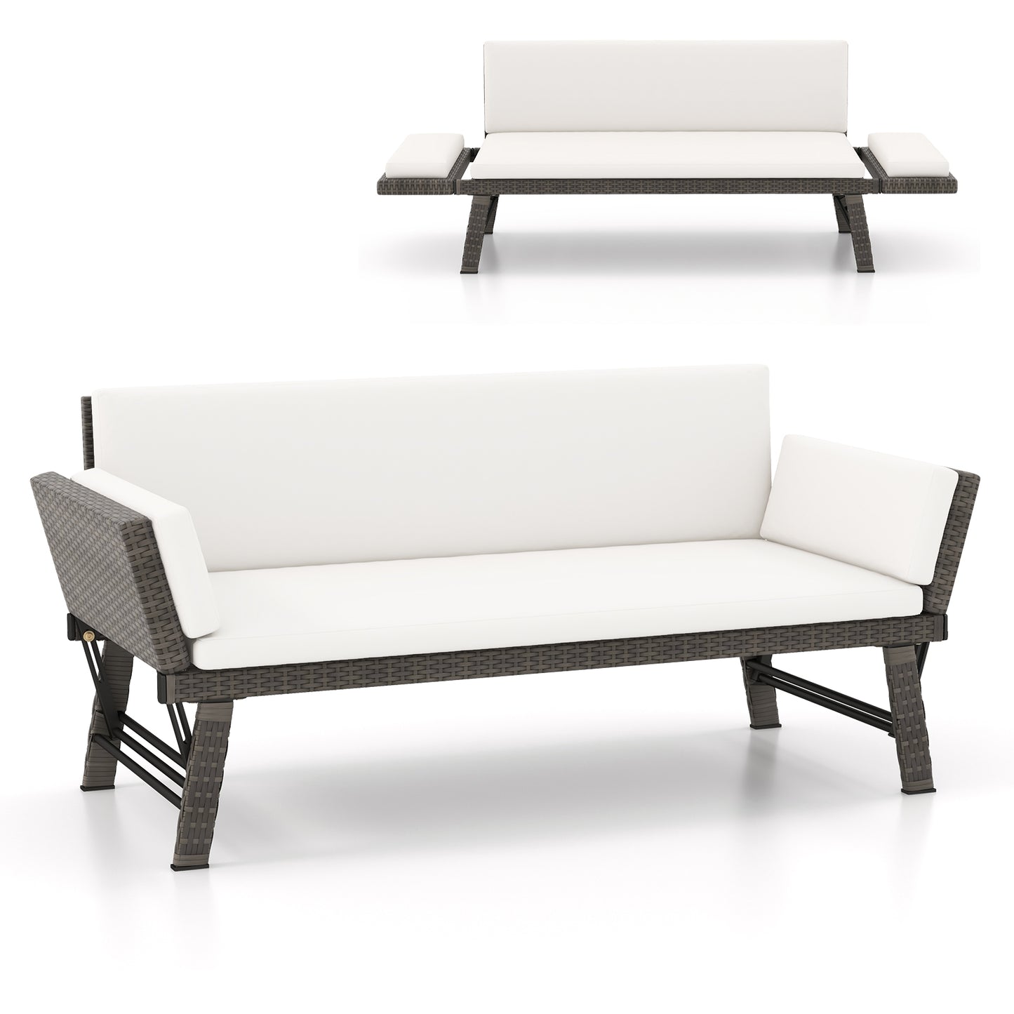 Outdoor Convertible Sofa Daybed with Adjustable Armrests for Balcony-Gray - Off White