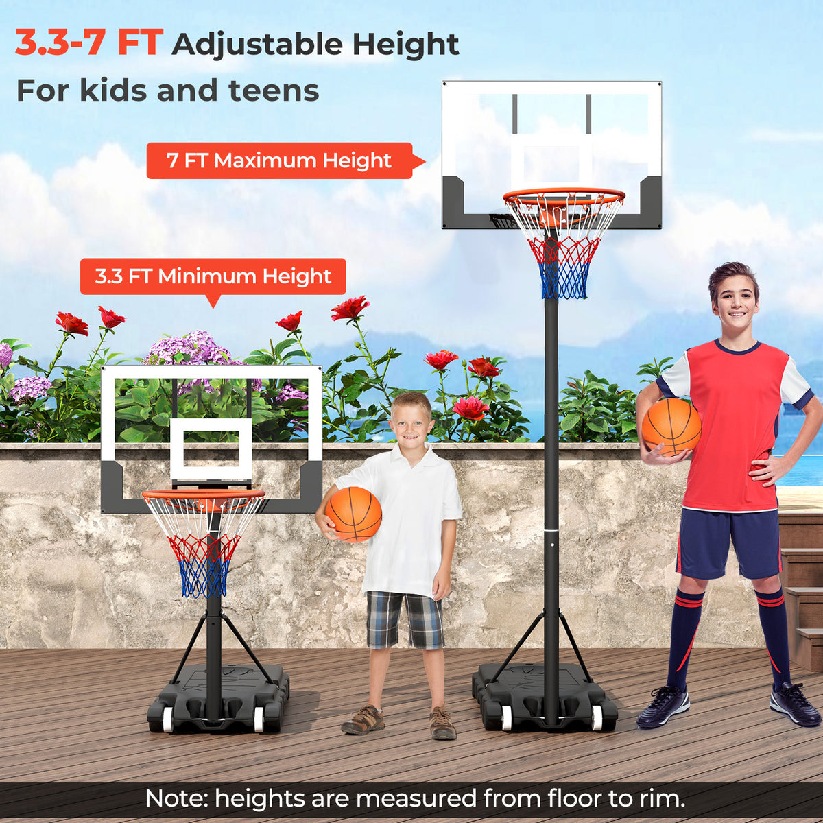 3.3-7 Feet Portable Adjustable Outdoor Kids Basketball Hoop Goal System