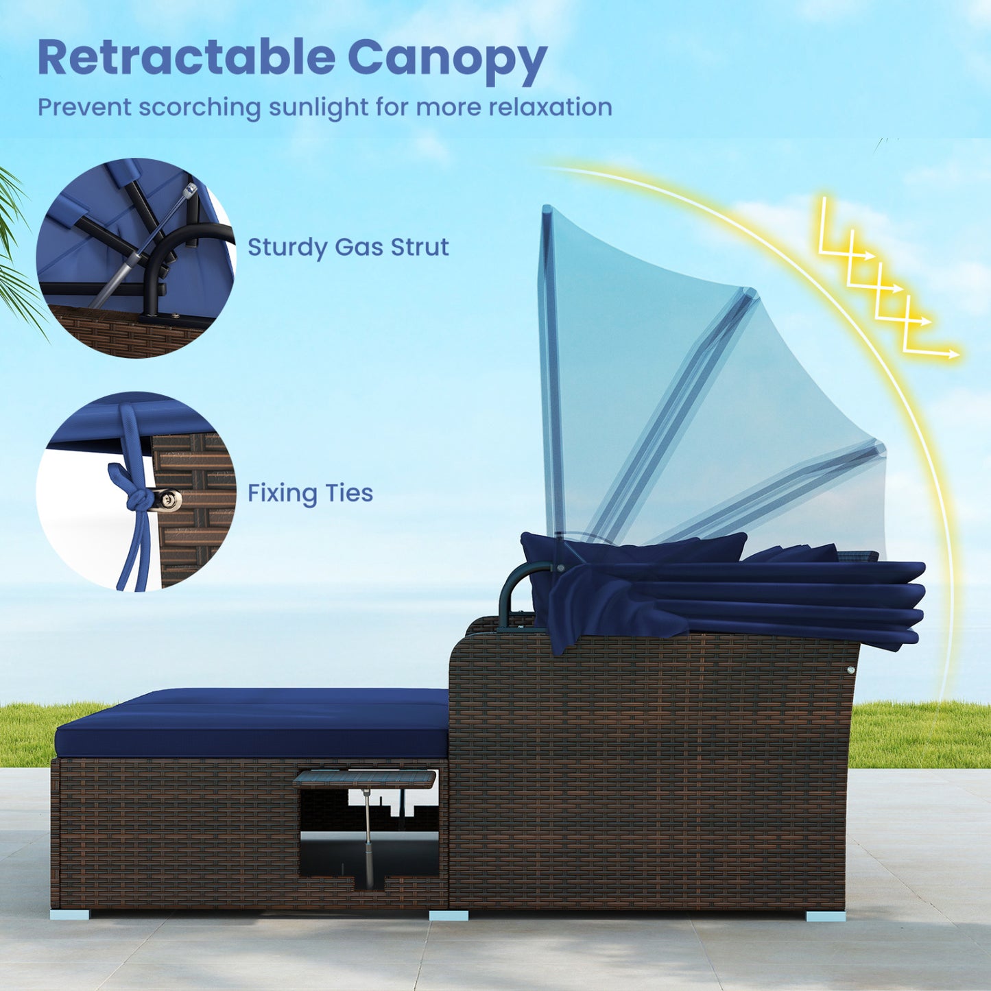 Outdoor Patio Rattan Daybed with Retractable Canopy and Side Tables-Navy