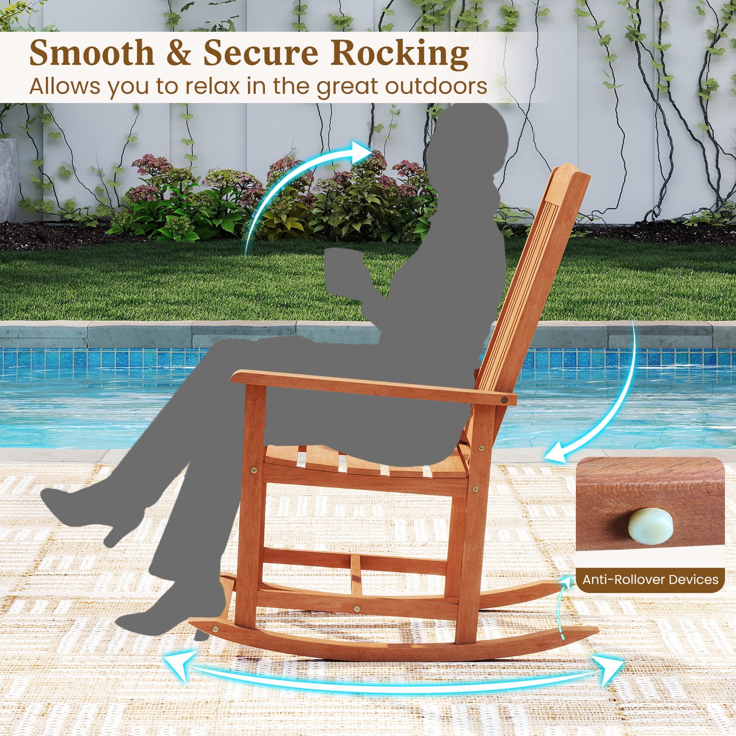Outdoor Rocking Chair Solid Wood High Back Rocker with Slatted Seat