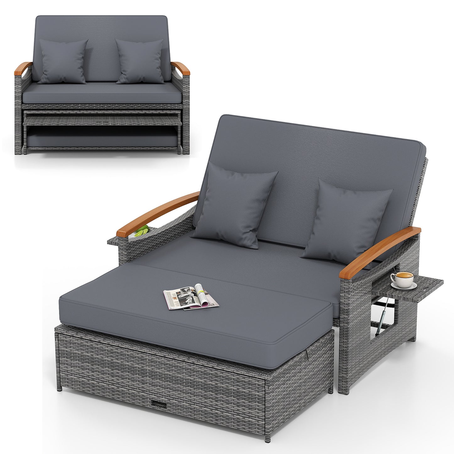 Outdoor Wicker Daybed with Folding Panels and Storage Ottoman-Red - Mix Gray