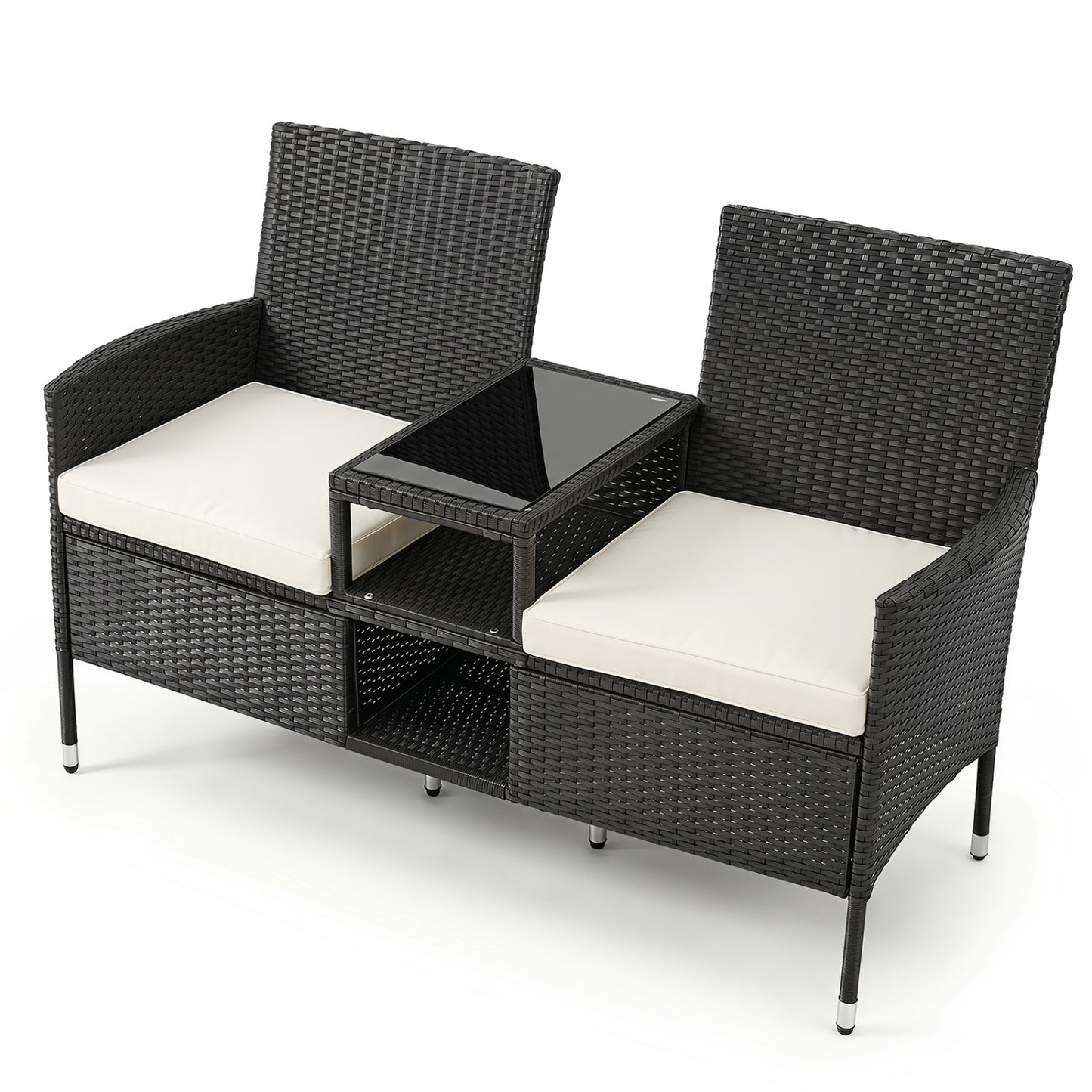 Outdoor Wicker Loveseat with Built-in Glass Side Table