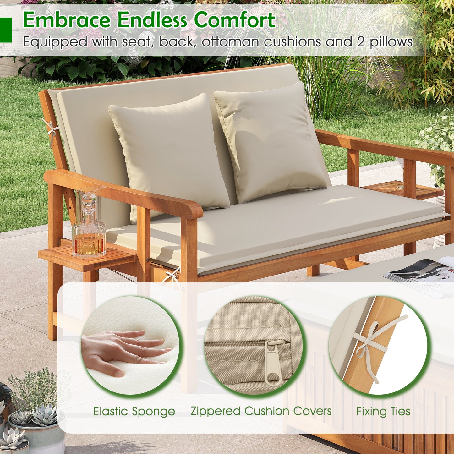 Outdoor Wooden Daybed with 4-Level Backrest and Removable Cushions-White