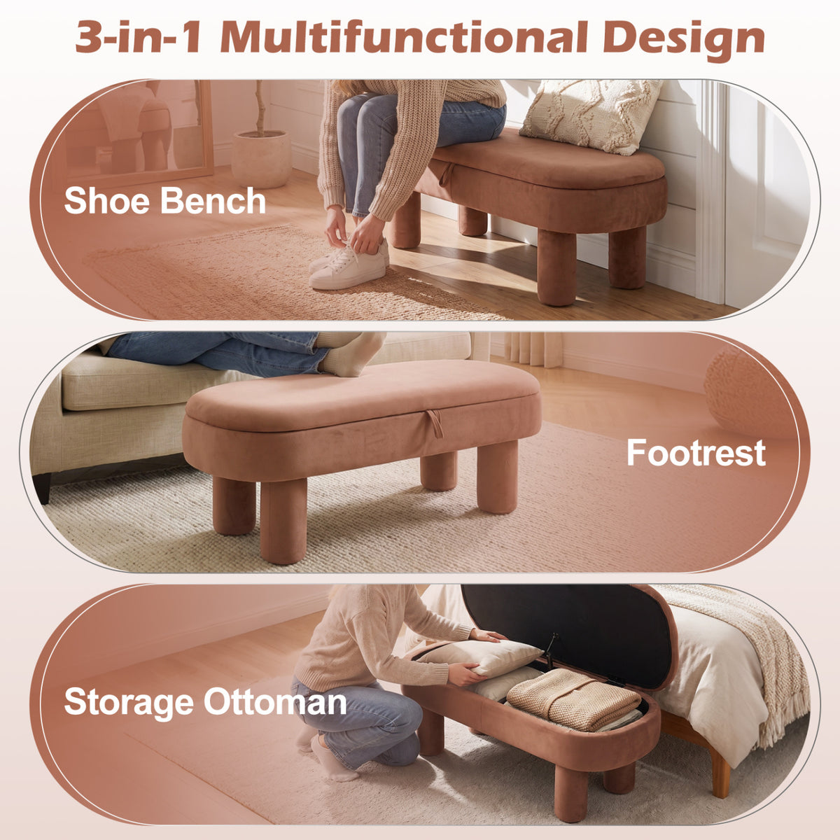 Oval Storage Ottoman Bench with Upholstered Velvet Seat