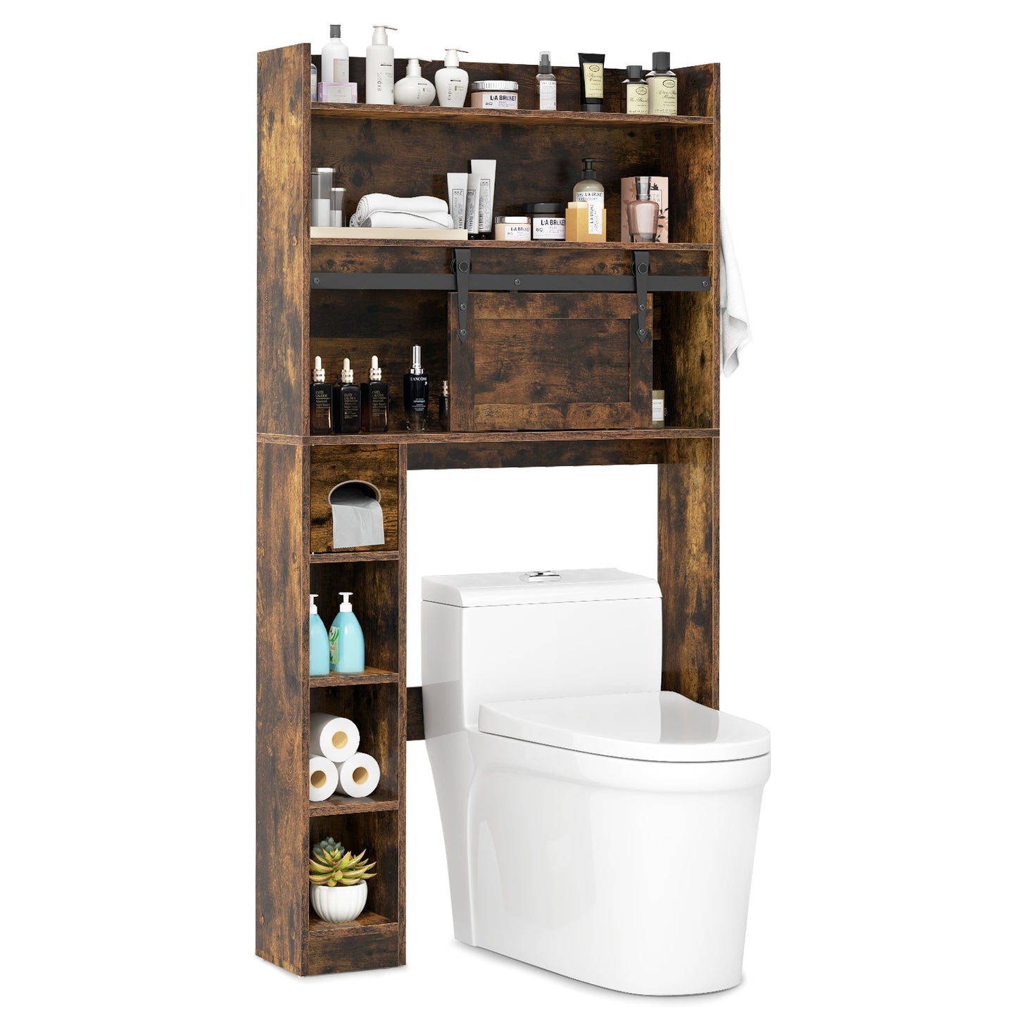 Over The Toilet Storage Cabinet with Sliding Barn Door and Adjustable Shelves-Gray - Rustic Brown