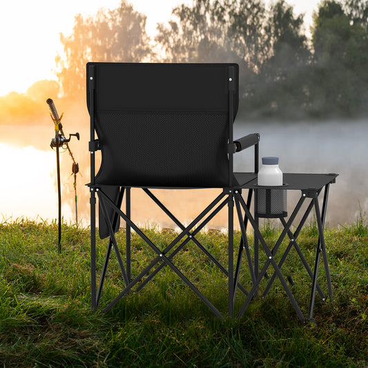 Oversized Camping Chair with Side Table and 2 Storage Pockets-Black